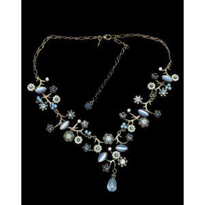 Vintage Avon Fairycore Floral Blue And Antiqued Gold Tone Statement Necklace